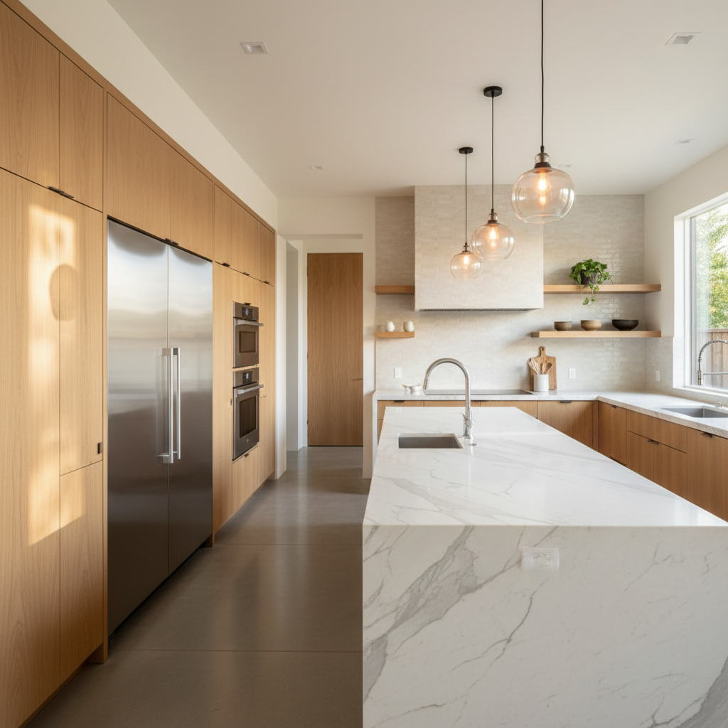 Bright upscale kitchen with integrated premium appliances
